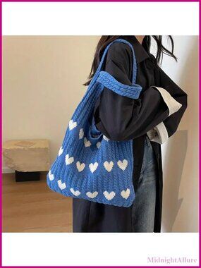 Crochet Knit Tote Bag with Heart Design, Polyester Shoulder Bag, Foldable